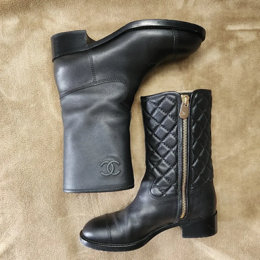 Chanel Mid-Calf Quilted Black Leather Boots, Authentic